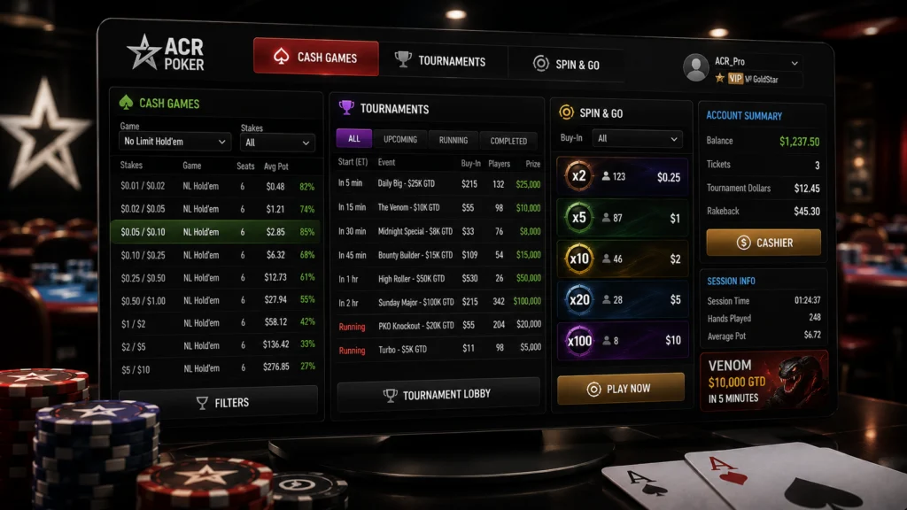 ACR Poker lobby cash games tournaments Spin Go