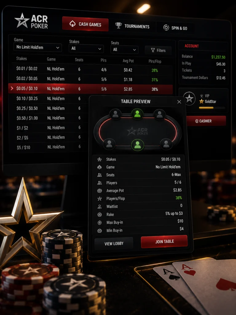 ACR Poker table preview stakes player count